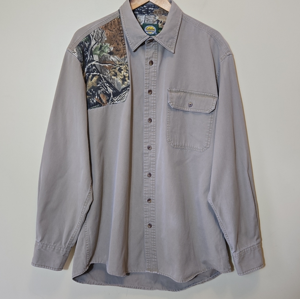 Cabelas Mens Camo Shooting Shirt L Tall Button Up Quilted Shoulder Tan Canvas‎
